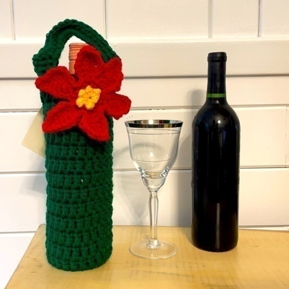 $10 SALE Handmade Crochet Wine Bottle Holder Gift Bag Party Holiday Host Alcohol - Picture 5 of 6